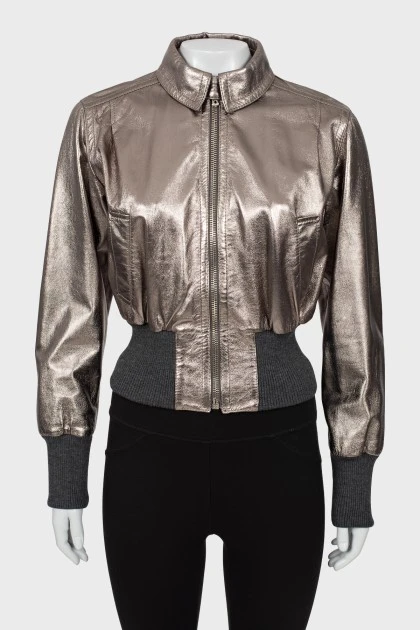 Cropped leather jacket with collar