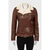 Leather sheepskin coat with oblique fastening