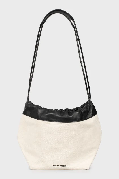 Textile and leather bucket bag
