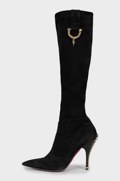 Suede boots with embellished heel