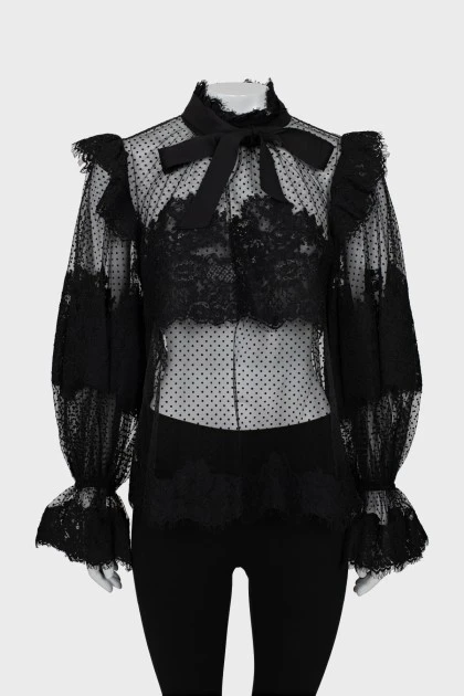 Black blouse with mesh and lace