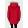 Red parka with fur hood