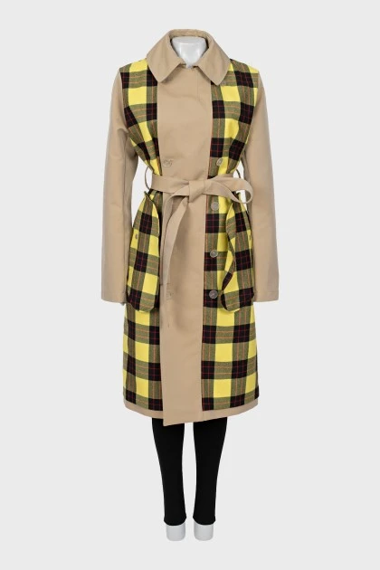 Double-breasted trench coat with check print