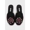Suede slippers decorated with rhinestones