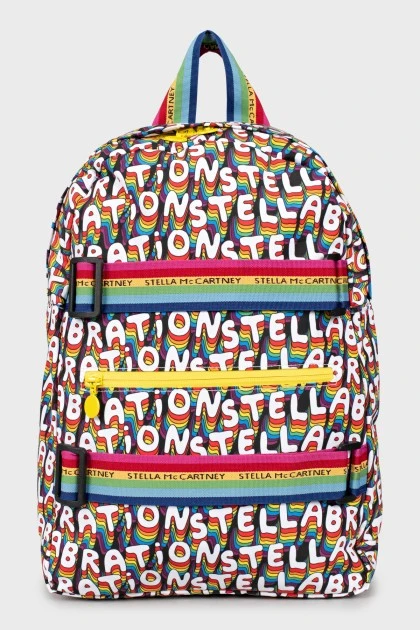 Backpack in a bright print with a tag