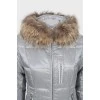 Gray down jacket with fur on the hood
