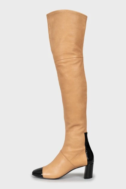 Leather over the knee boots with patent leather inserts