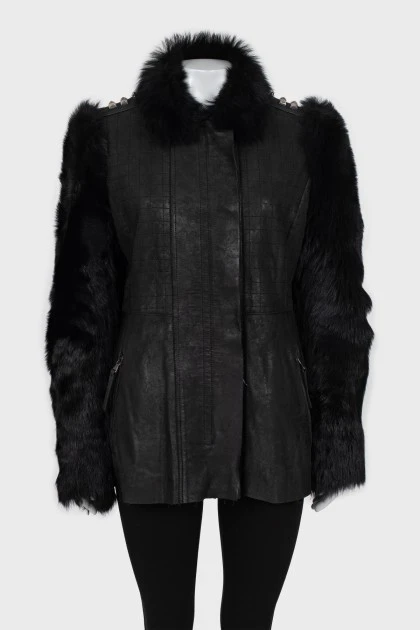 Leather jacket with fur sleeves
