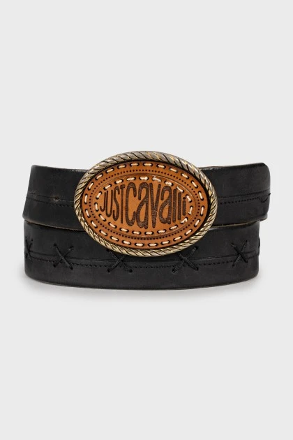 Men's leather belt with wooden buckle