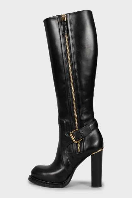 Leather black boots with block heel