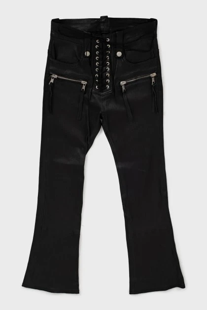 Leather flared trousers with tag