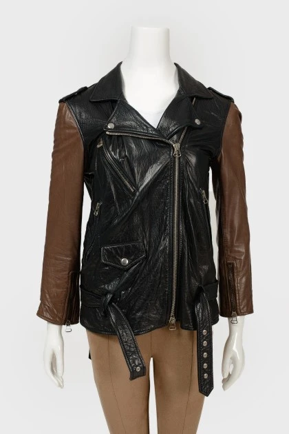 Leather jacket with brown sleeves