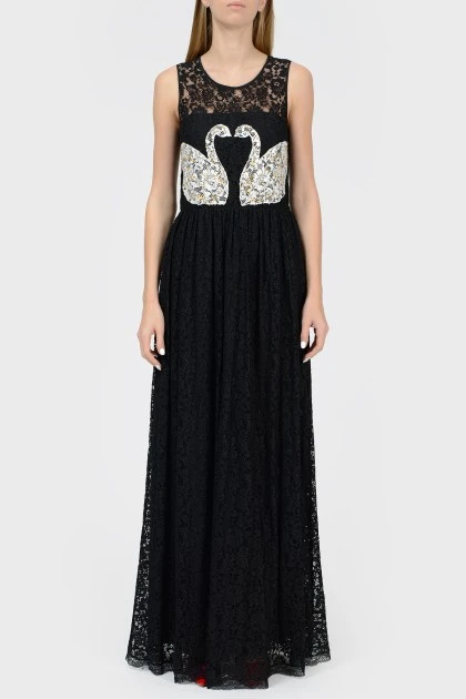 Floor-length black lace dress