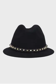 Angora Black Hat with leather braid