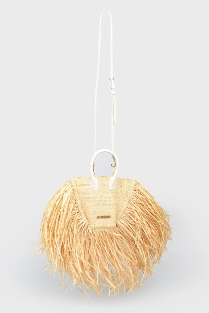 Wicker bag with white handles and belt