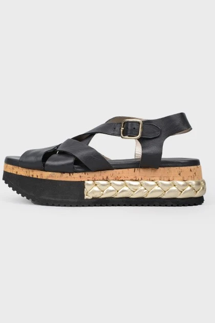 Woven cork wedge sandals in leather