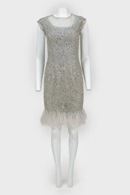 Evening dress with rhinestones and feathers