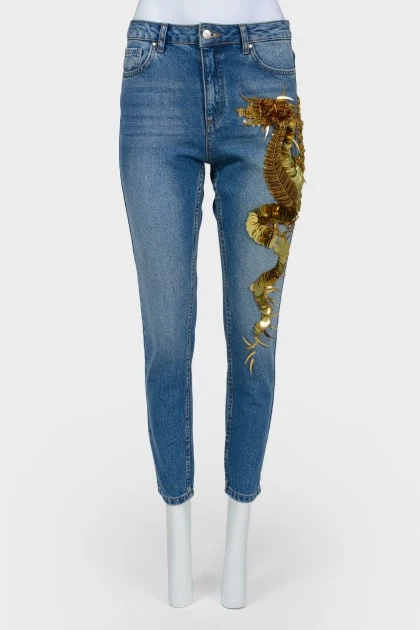High landing jeans with yellow dragon