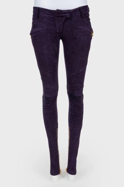 Purple suede jeans with gold hardware