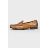 Golden leather loafers, shimmer with golden green color