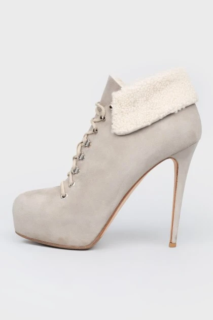 Gray suede ankle boots with fur stiletto heels