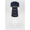 Navy blue wool dress with black eco-leather inserts