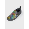 Leather multicolor print slip-ons