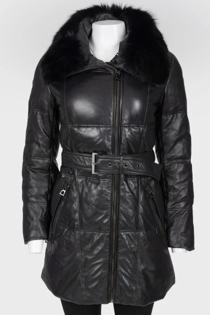 Leather fur collar jacket