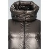 Short green down jacket with a tag