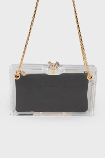 Transparent bag with suede black clutch inside