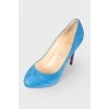 Blue suede stilettos with tag