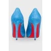 Blue suede stilettos with tag