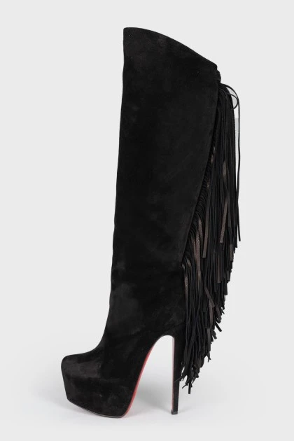 Black suede boots with fringe