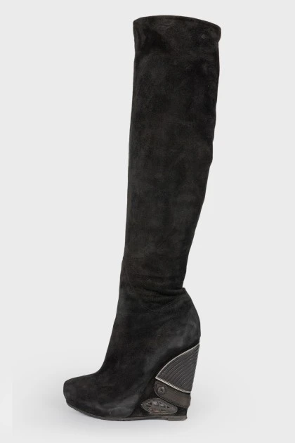 Black suede wedge heeled boots