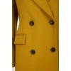 Mustard coat on a double -breasted fastener, with a tag