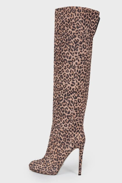 Suede leopard print over the knee boots
