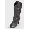 Leather boots with metal studs and rhinestones